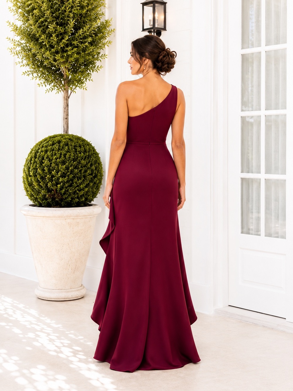Ieena for Mac Duggal 49089 Berry One Shoulder Ruffle Gown Size 6 - Picture 3 of 7